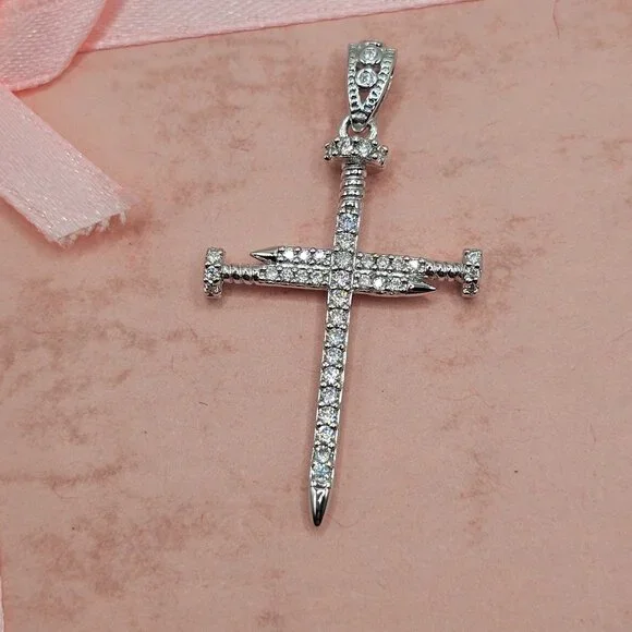 Sterling Silver 925 Rhodium Plated Nail Cross Moissanite Pendant - Picture 3 of 7